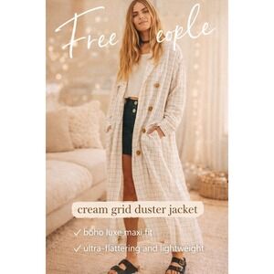 Free People Grid Duster Jacket S Cream Check Maxi Boho Chic Lightweight EUC